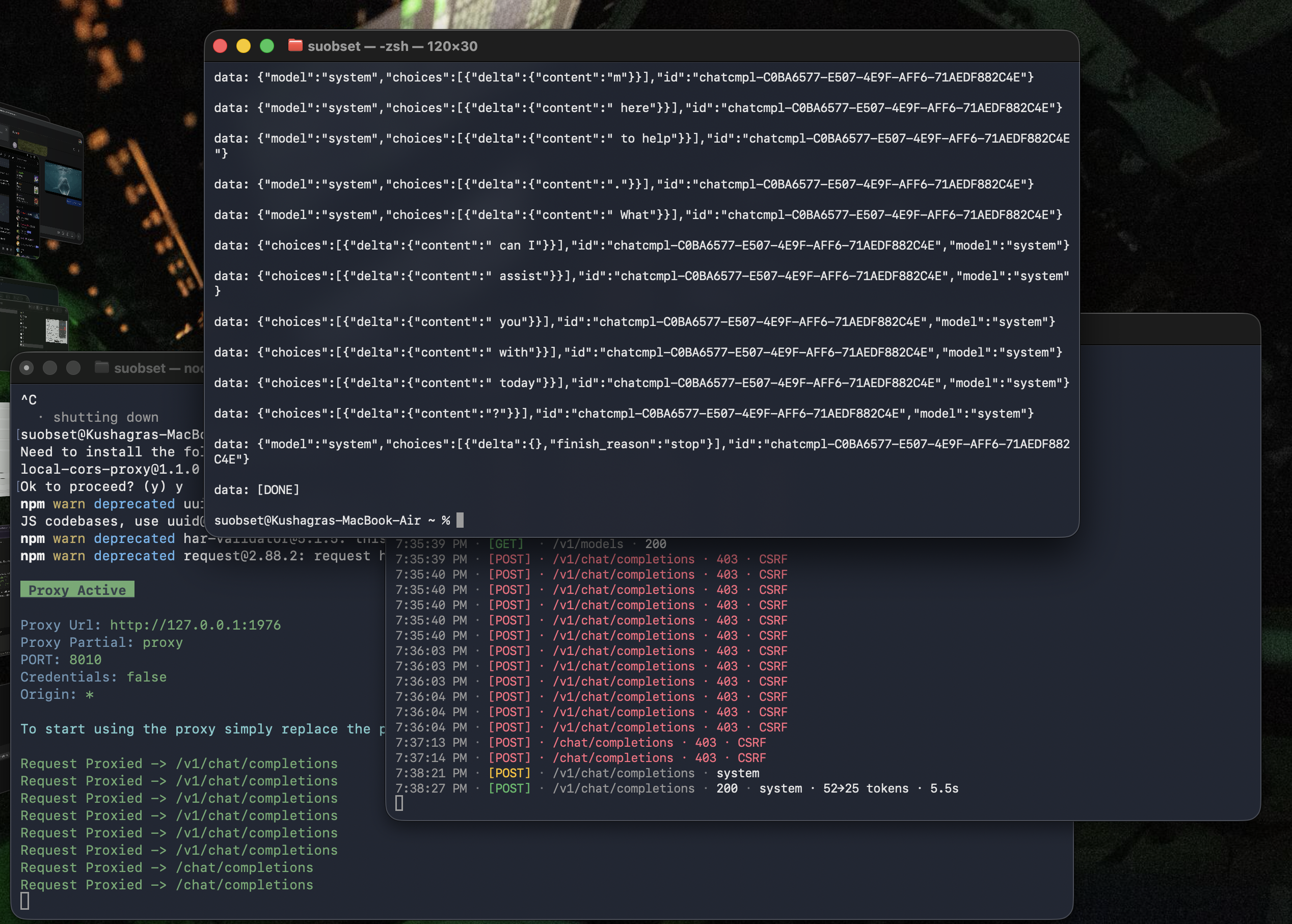 curl with spoofed Origin returning streaming tokens from Foundation Models via the proxy